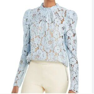 WAYF Erika Pleated Ruffle Mock Neck Long Puff Sleeve Lace Blouse Size XS